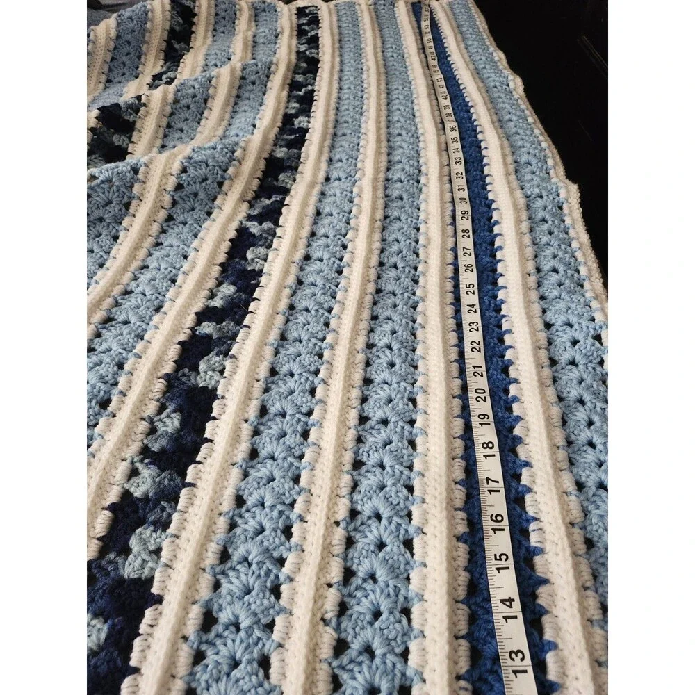 Vintage Handmade Crochet Afghan In Shades of Blue with White Edging 36x60